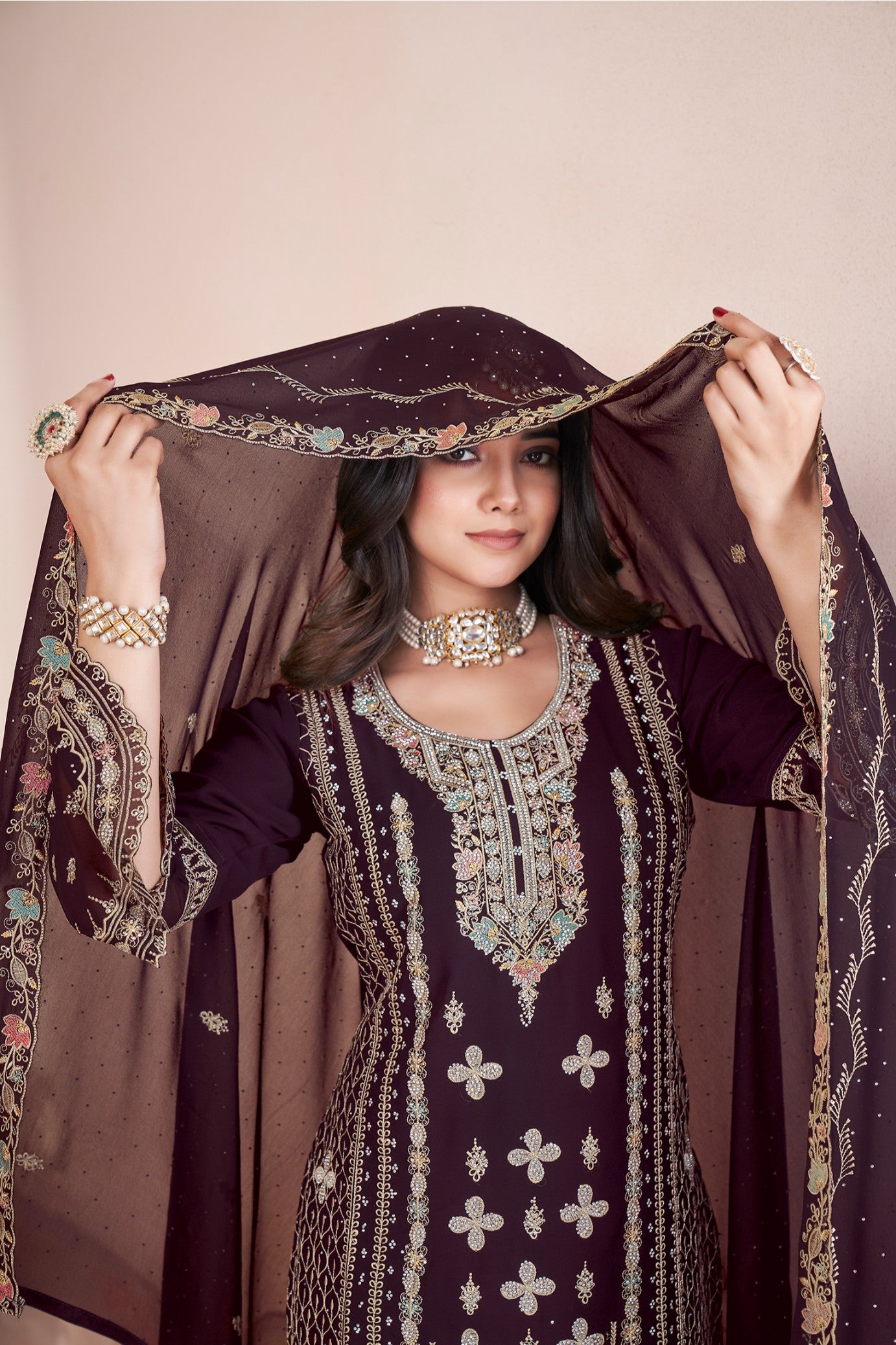 Brown color georgette sharara suit with dupatta online shopping