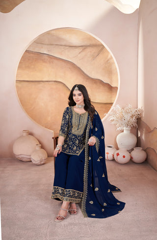 Navy blue color georgette sharara suit for wedding