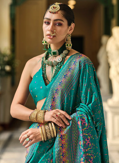 Rama color Silk Saree for women party wear
