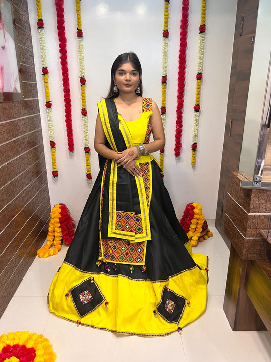 Gamthi work black silk lehenga choli with dupatta