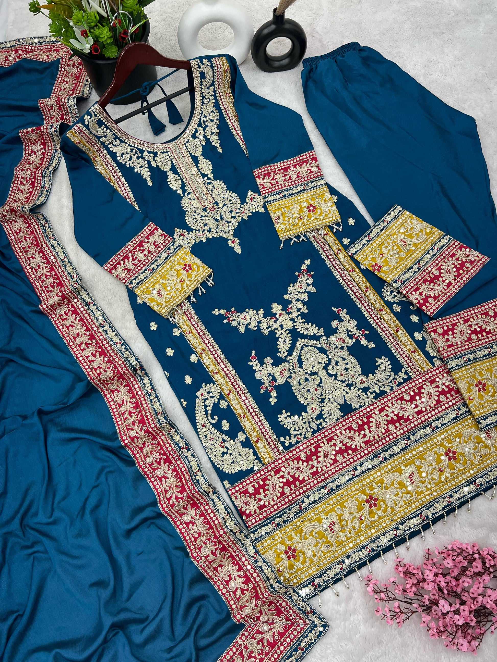 Teal blue color georgette chinon silk plazzo suit online