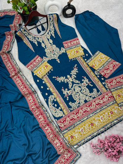 Teal blue color georgette chinon silk plazzo suit online