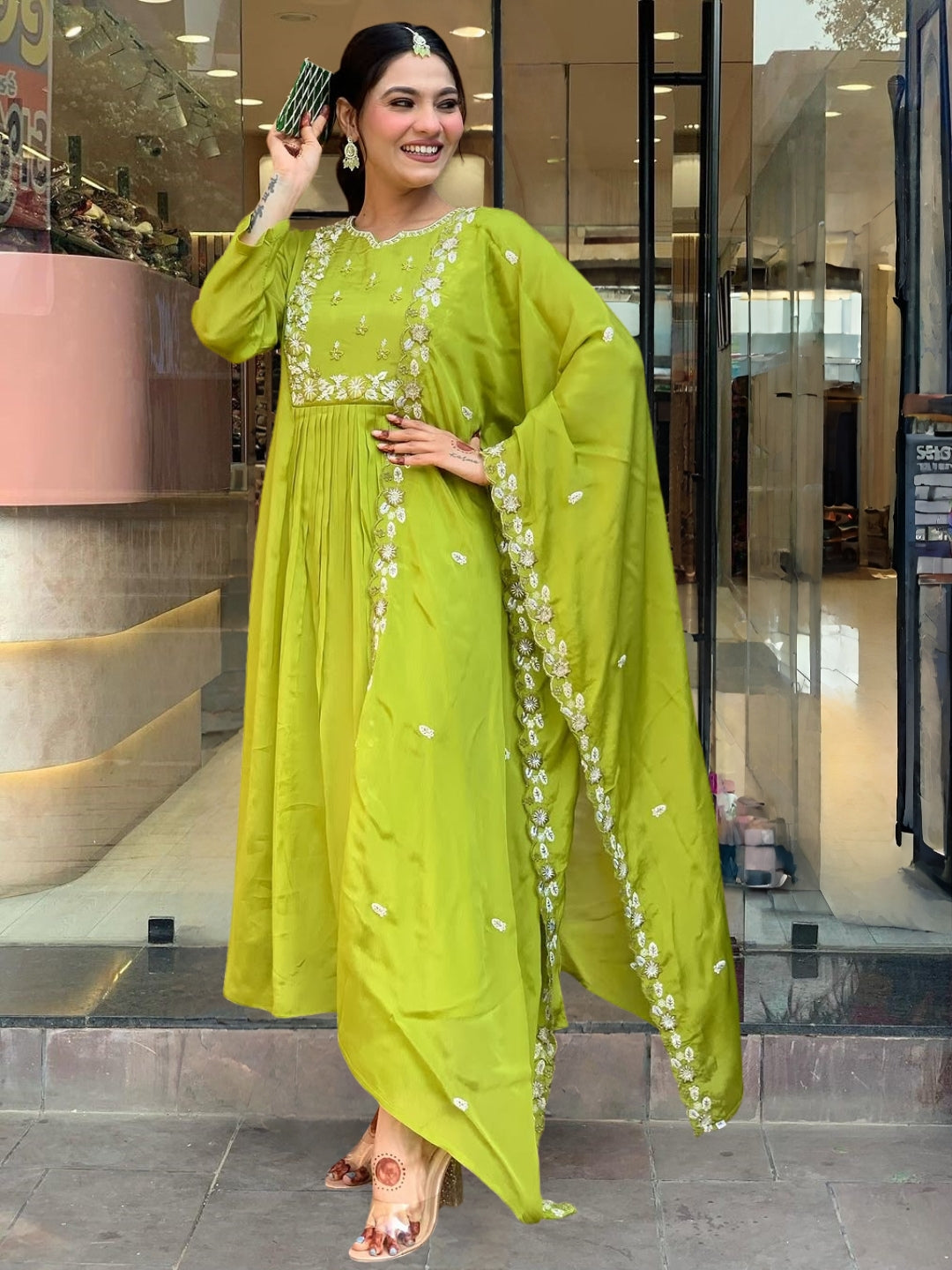 Green color chinon salwar suit with dupatta