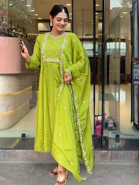 Green color chinon salwar suit for women