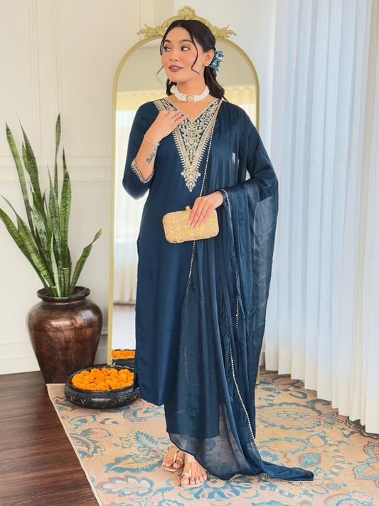 Teal blue color rayon salwar suit for women