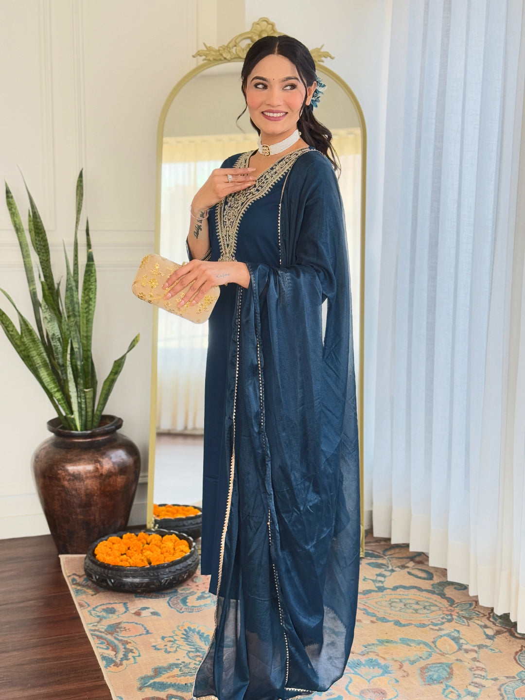 Teal blue color rayon salwar suit with dupatta