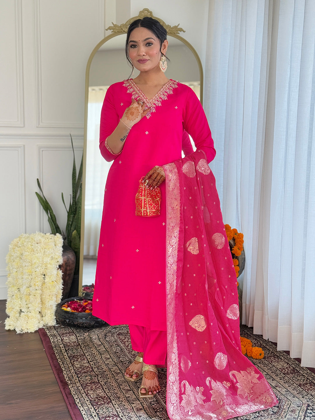 Pink color viscose salwar suit for women