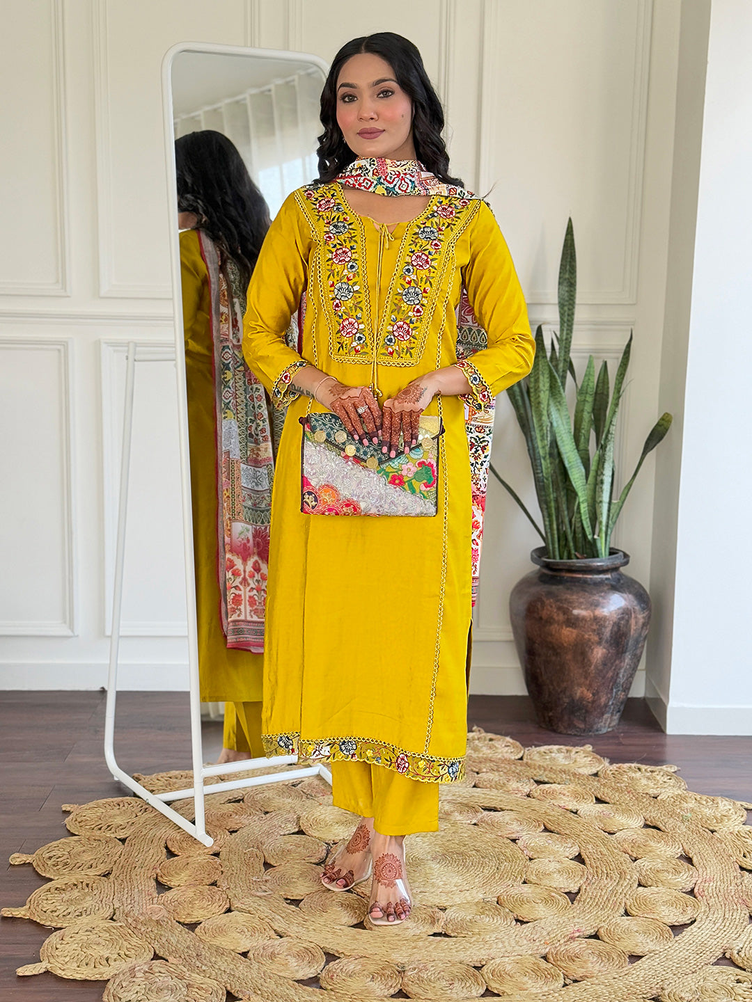 Mustard color viscose salwar suit with dupatta