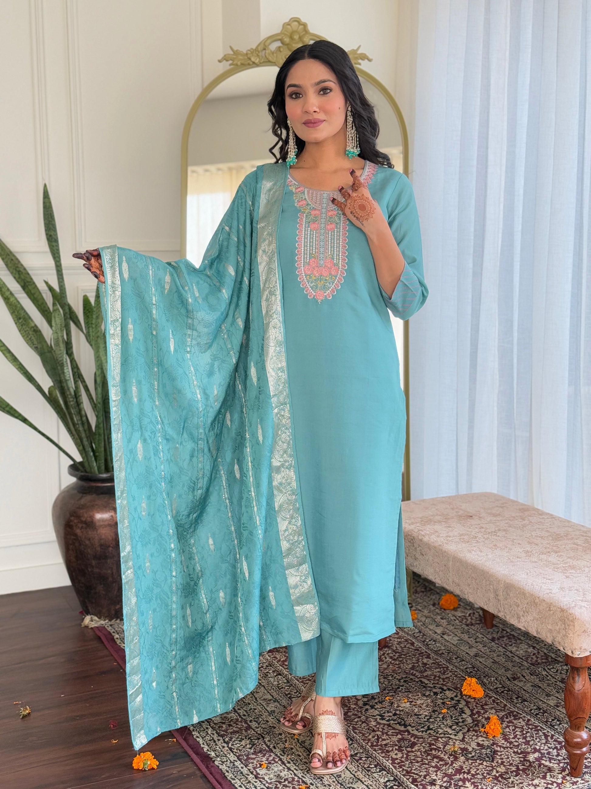 Sky Blue color chanderi salwar suit for women