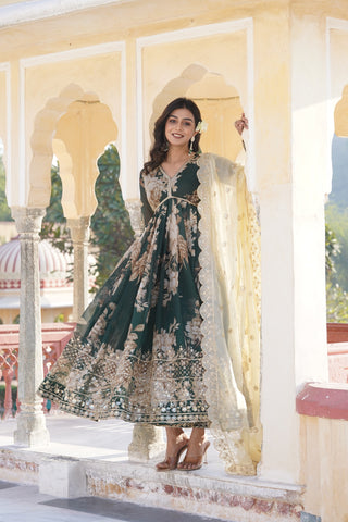 Women green russian silk printed gown with dupatta
