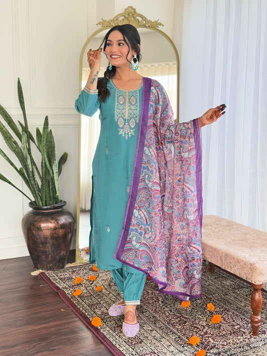 Wonderful Sky Blue Color Viscose Chanderi Salwar Suit For Special Occasion