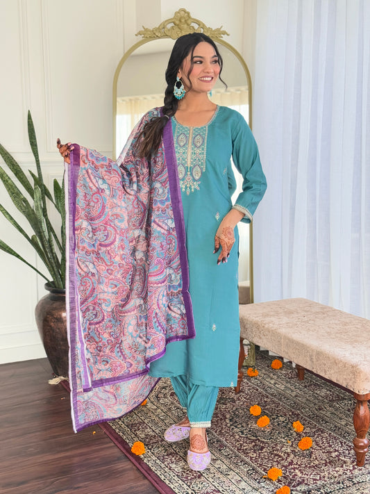Wonderful Sky Blue Color Viscose Chanderi Salwar Suit For Special Occasion