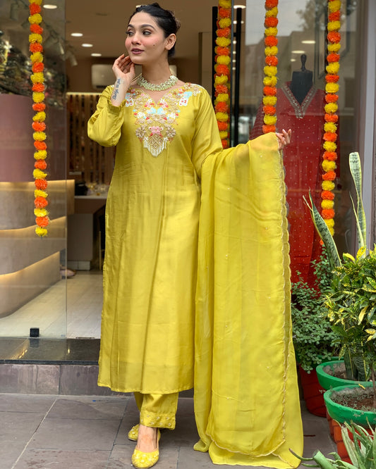 Lemon color chanderi silk salwar suit 