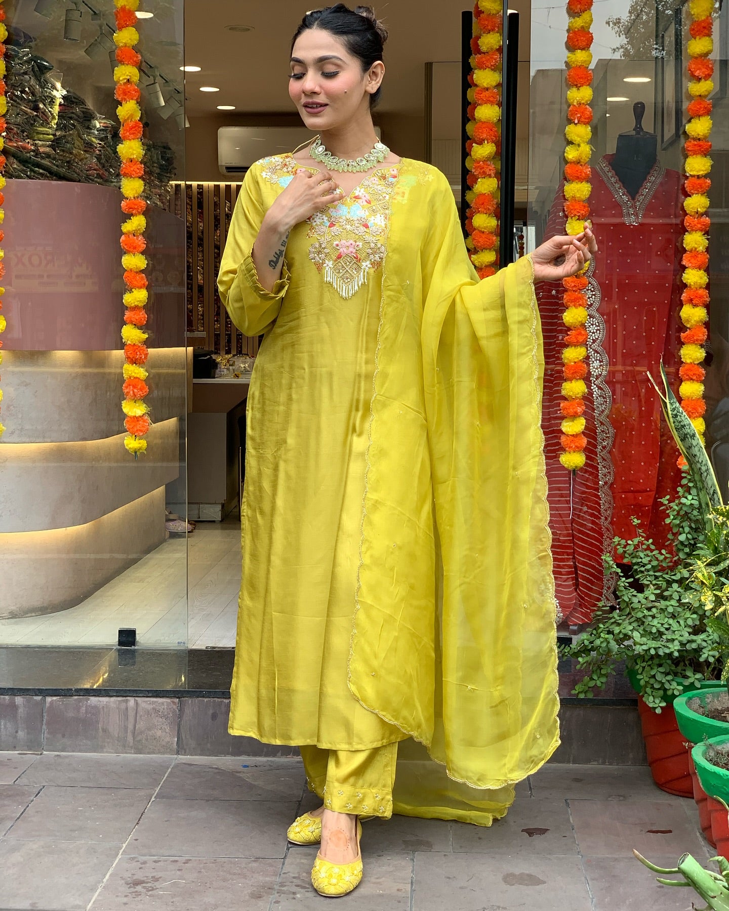 Lemon color chanderi silk salwar suit online