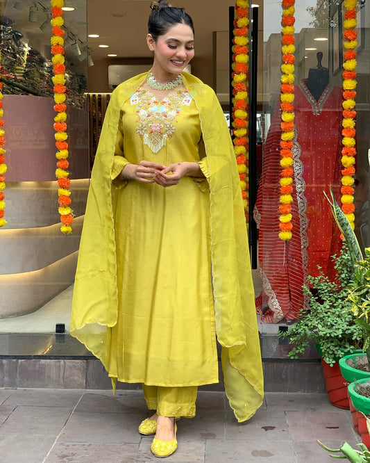 Lemon color chanderi silk salwar suit with dupatta