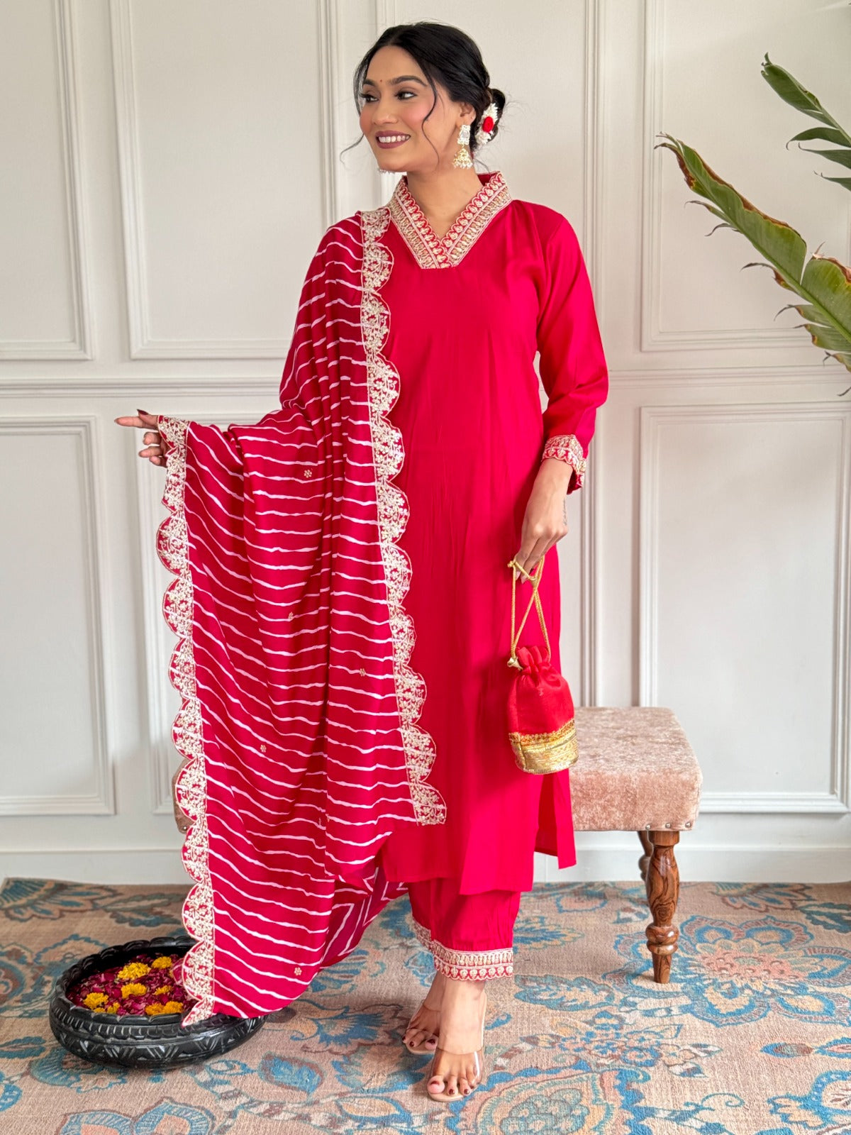 Pink color chanderi silk salwar suit with dupatta