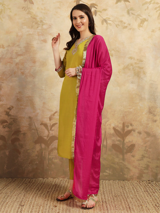 Green color chanderi suit design for stitching
