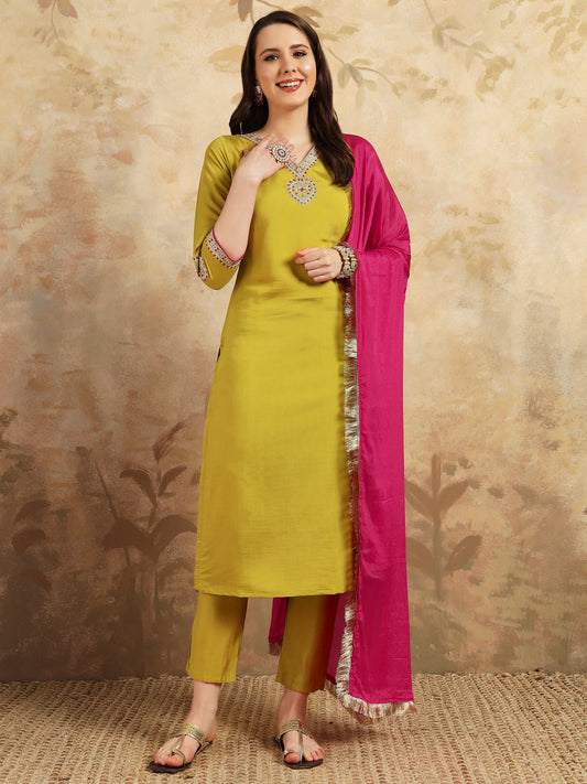 Green color chanderi silk salwar suit for women price
