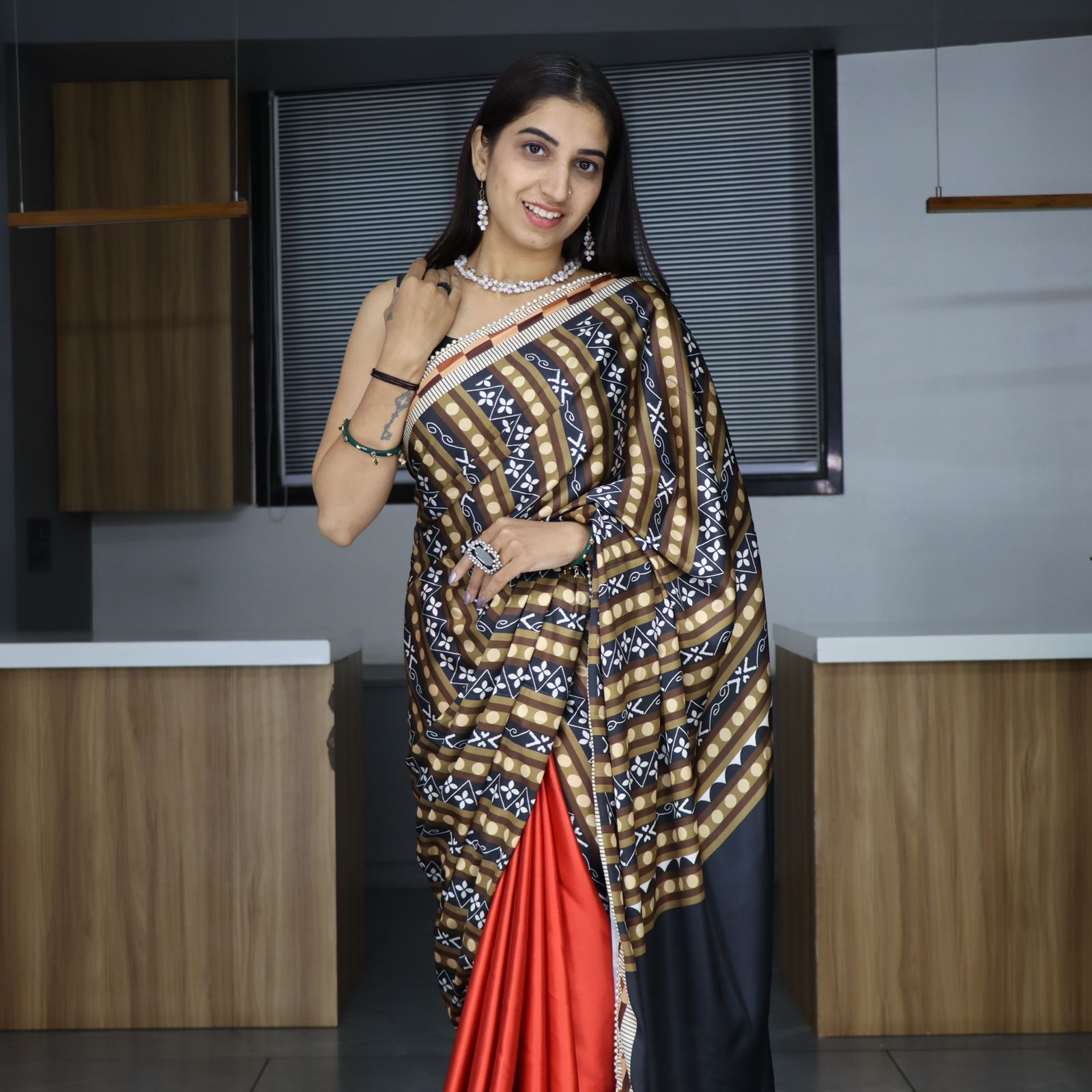 Orange color japan satin saree online shopping
