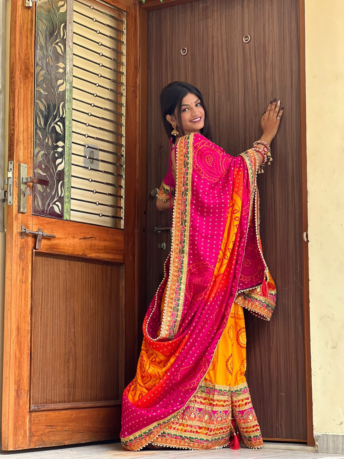 Yellow color vichitra silk saree with blouse for party