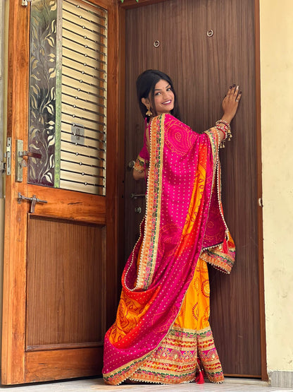 Yellow color vichitra silk saree with blouse for party