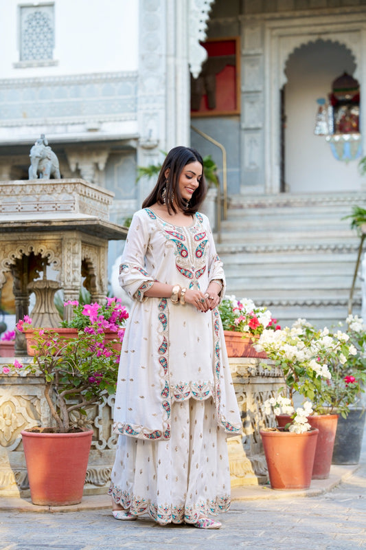 White color vichitra silk sharara suit with dupatta