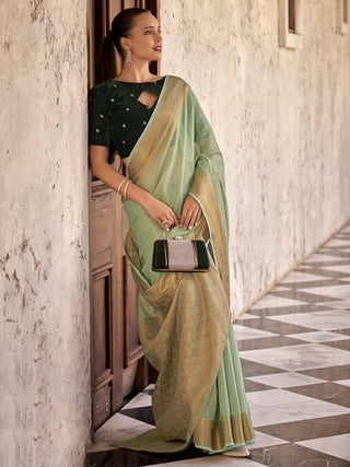 Plain green tissue linen saree for women