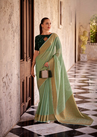 Pure green tissue linen saree for women