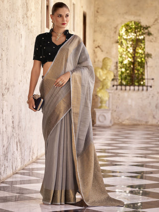 Grey tissue linen saree for women