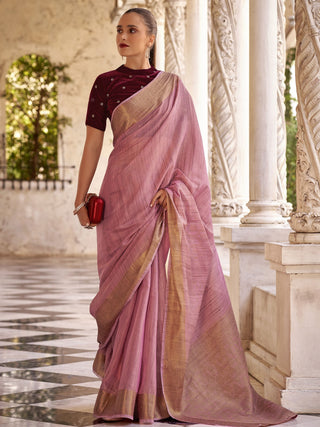 Pure pink tissue linen saree for women