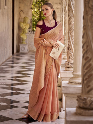 Plain orange tissue linen saree for women