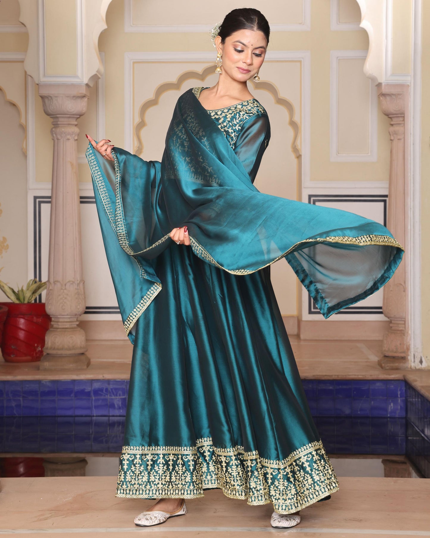 Rama color rangoli silk gown with dupatta online