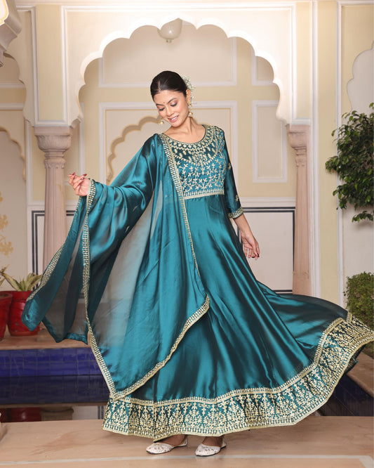 Rama color rangoli silk gown with dupatta price