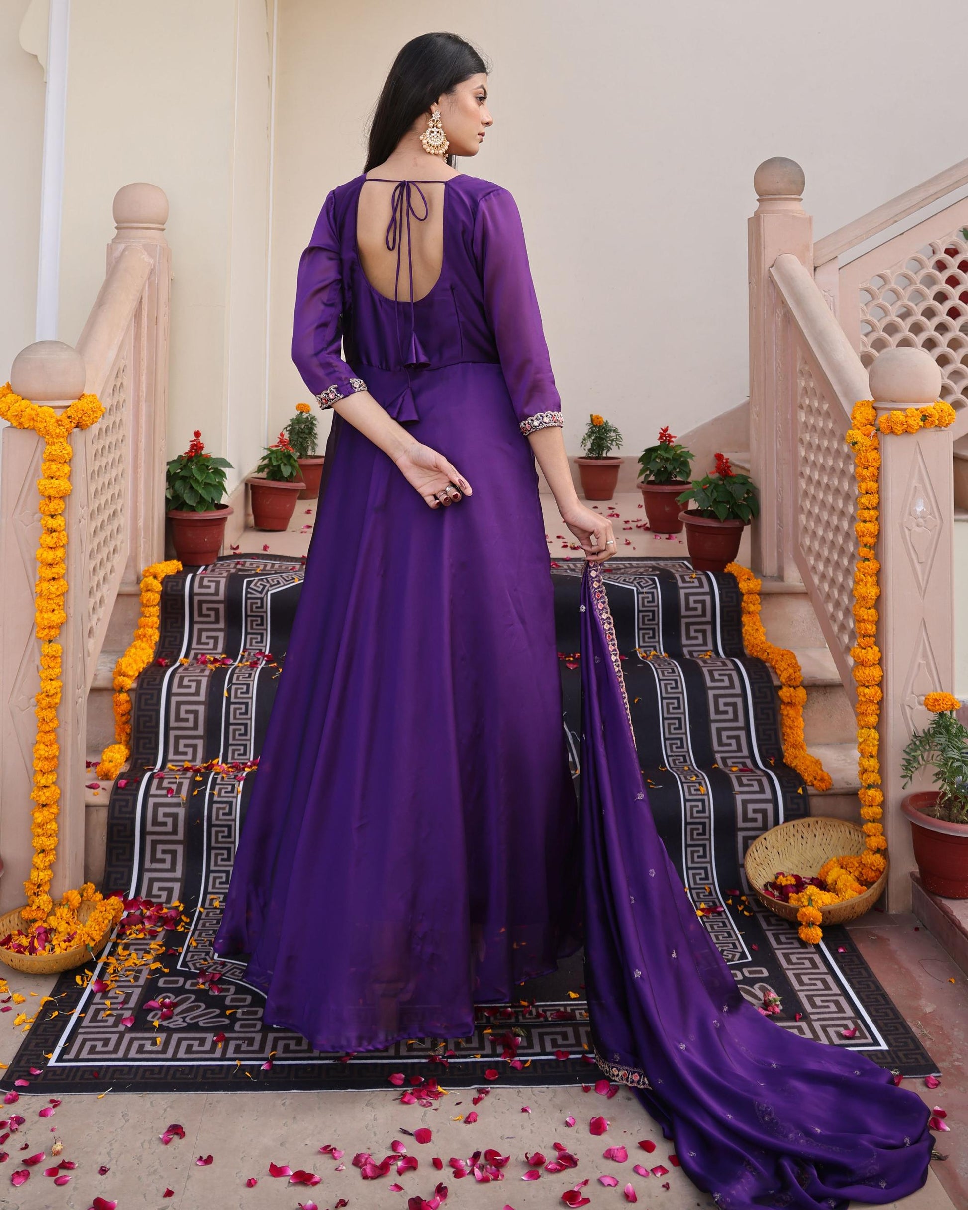Purple color rangoli silk gown with dupatta price