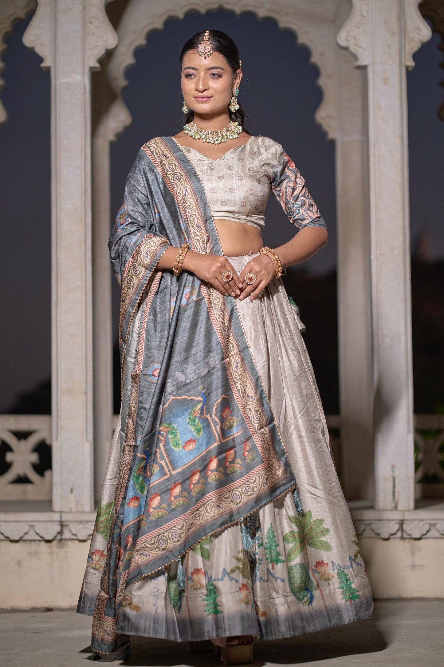 Grey color manipuri silk lehenga choli with dupatta online shopping