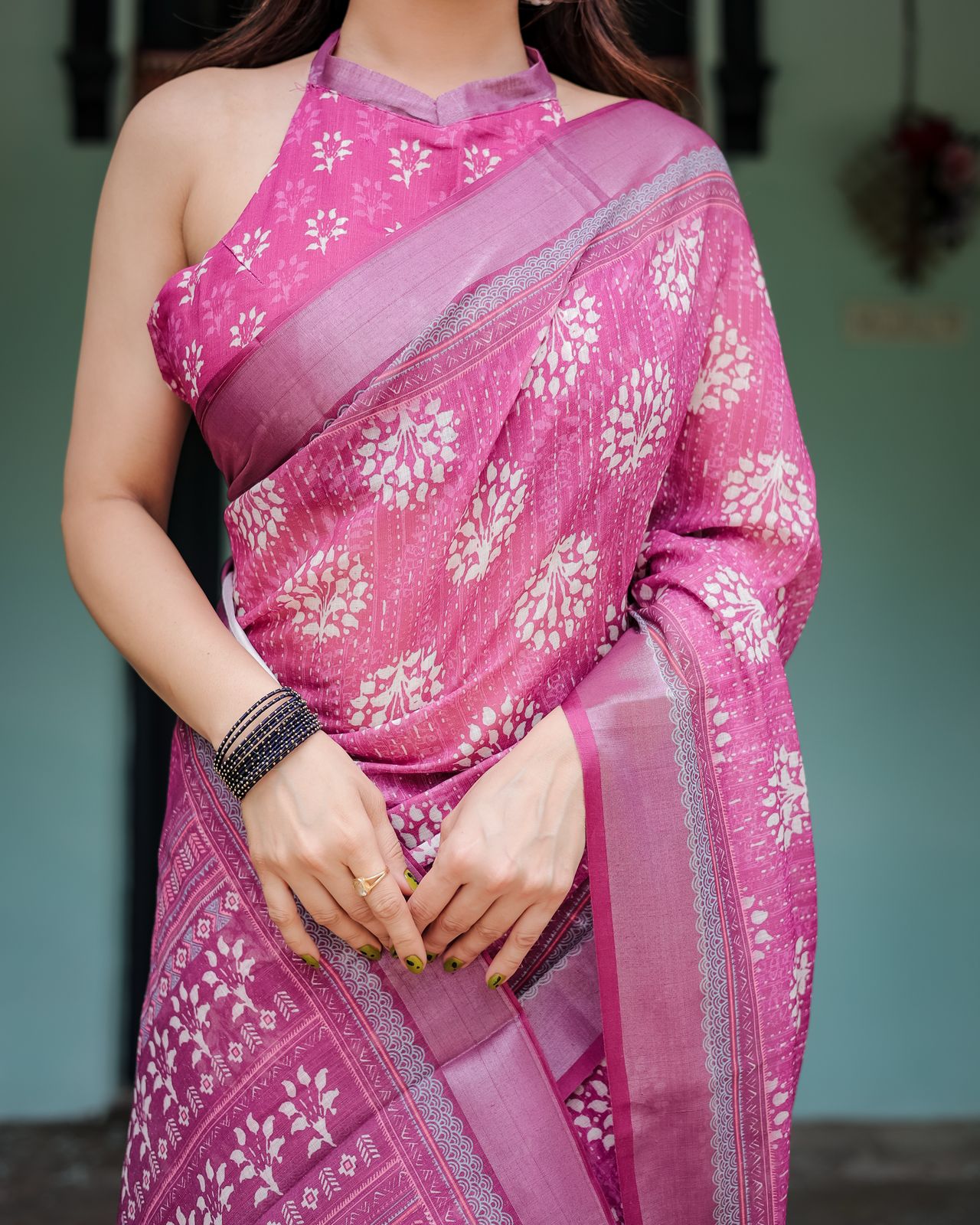 Pink color linen printed saree with blouse online shopping