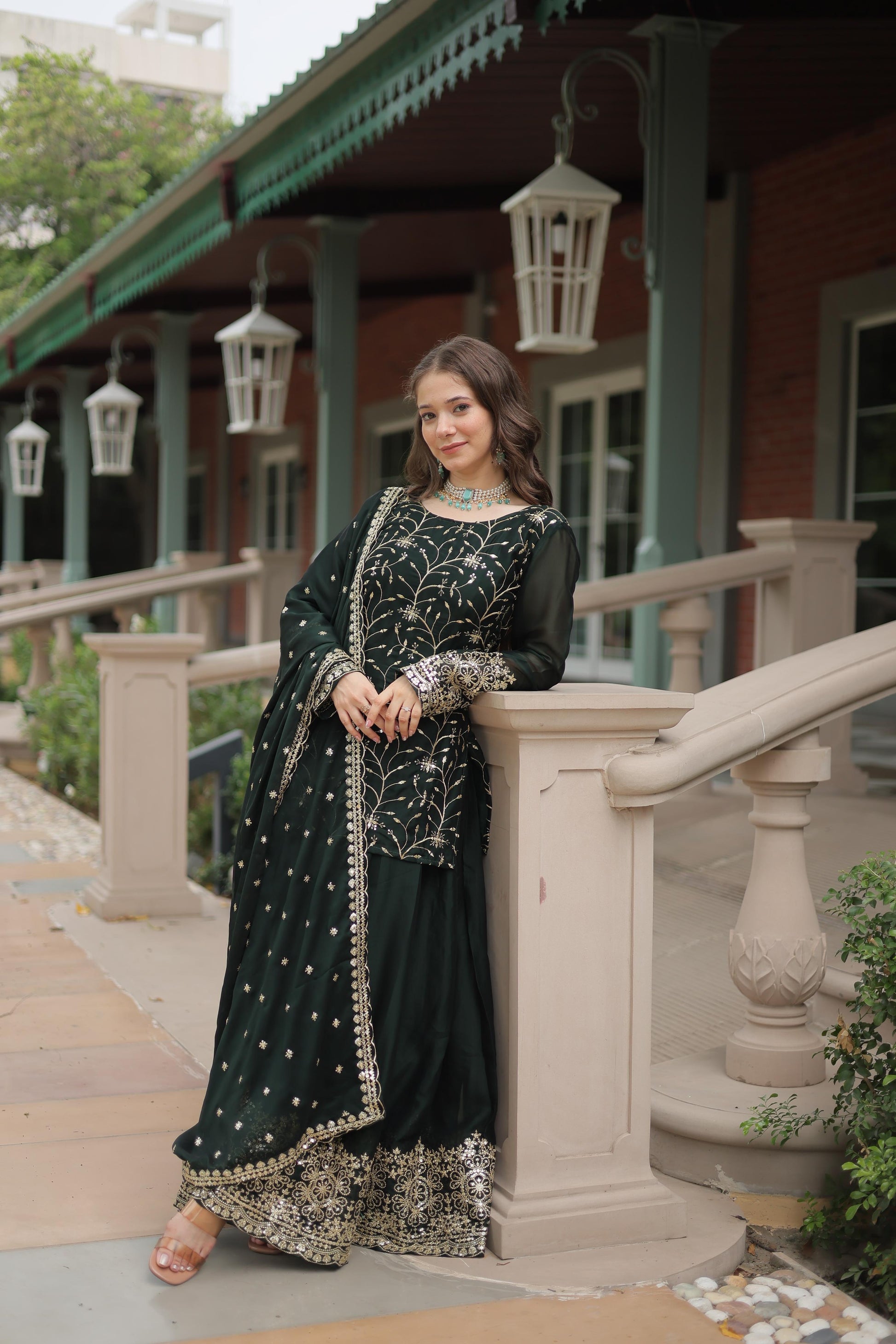 Green rangoli silk sharara suit images