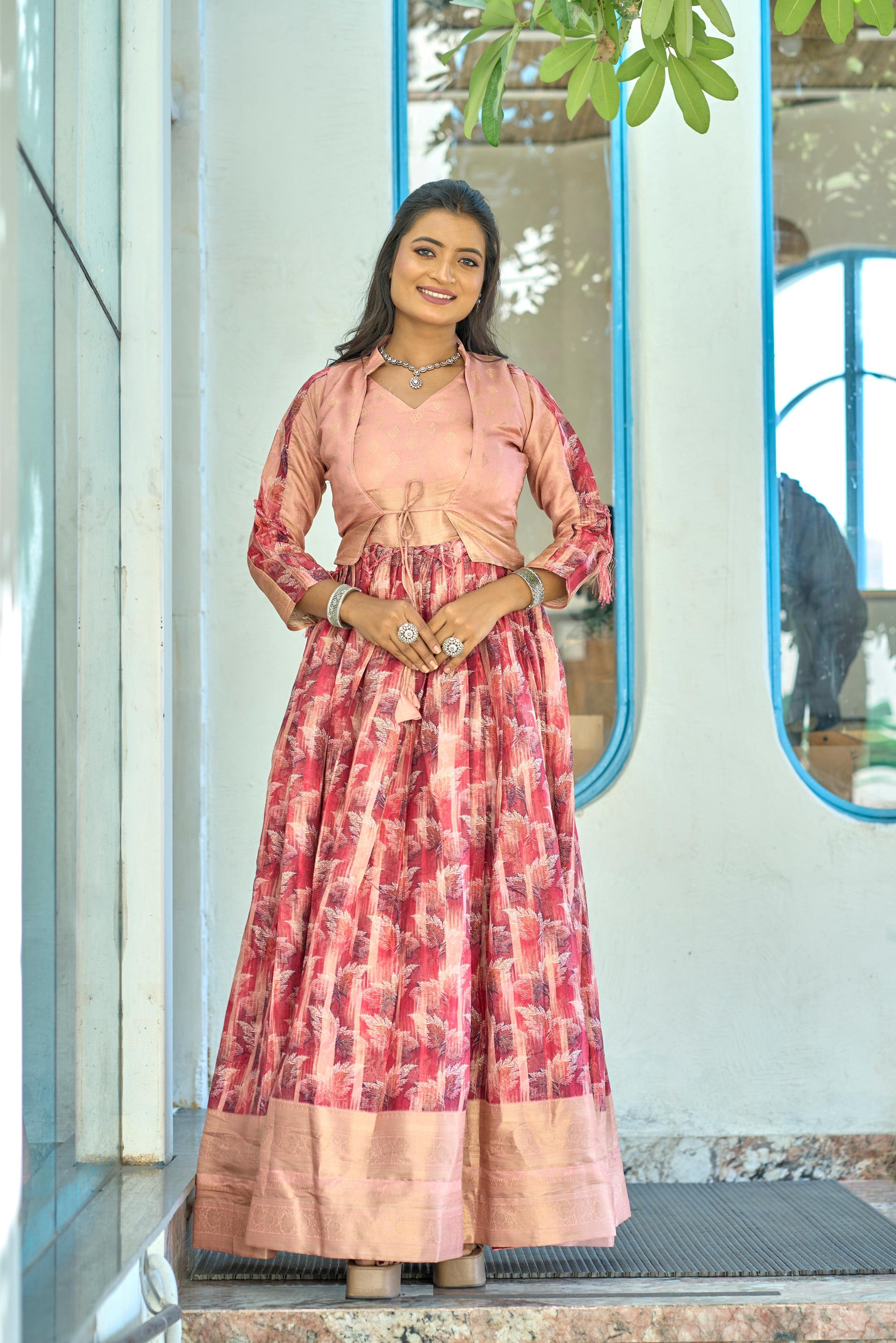 Peach color soft silk long gown with koti images