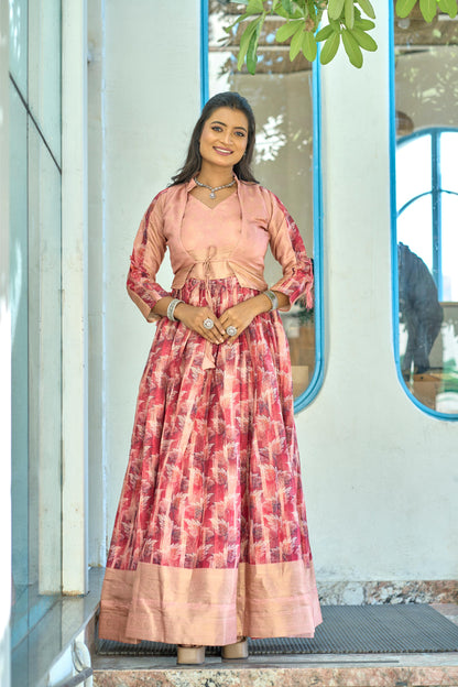 Peach color soft silk long gown with koti images