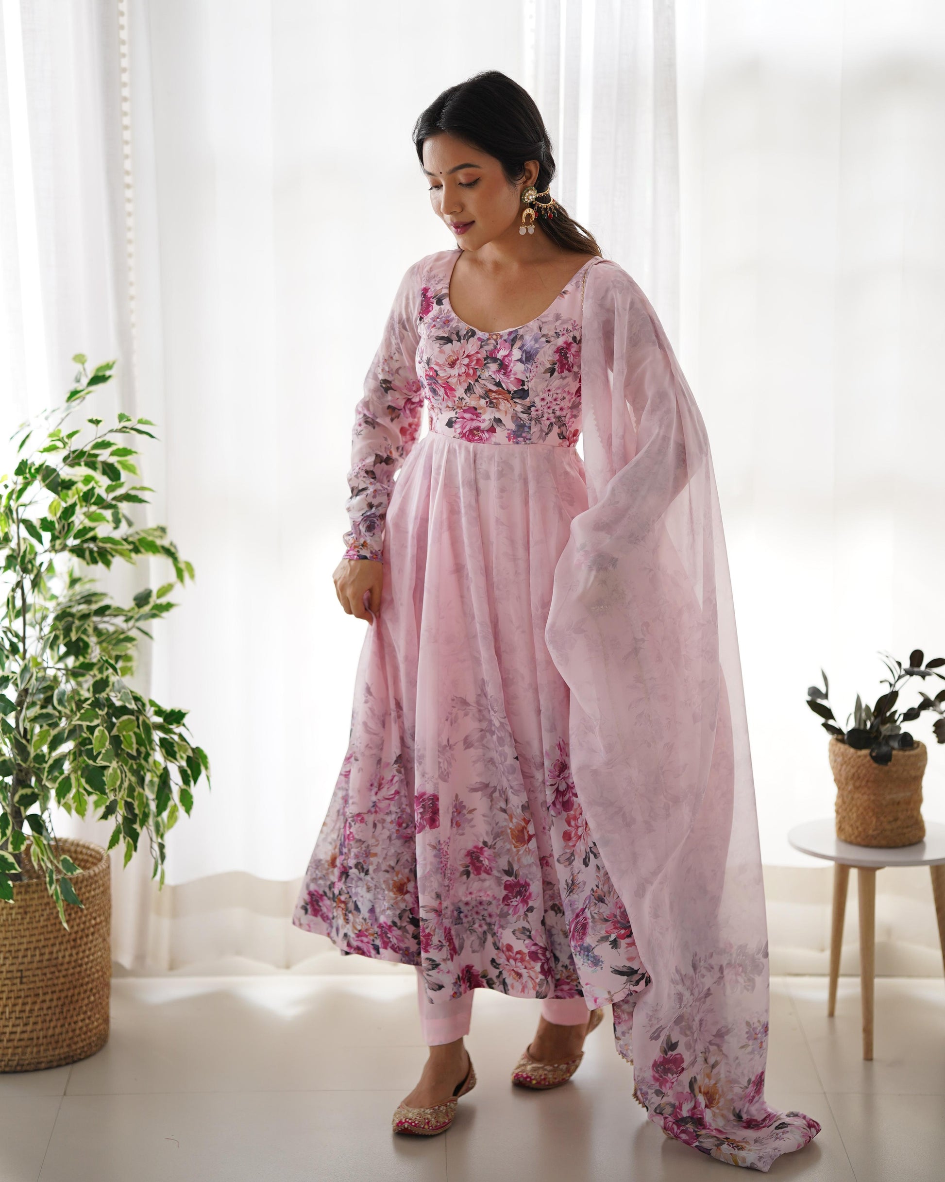 Pink color organza silk salwar suit with dupatta price