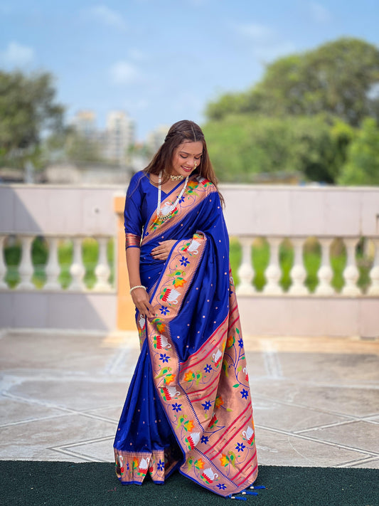 Blue color paithani silk saree for women