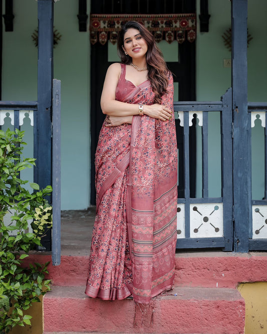 Maroon color linen printed saree for women