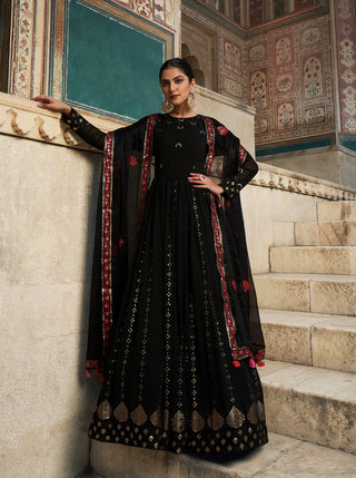 Silk black georgette gown and black dupatta