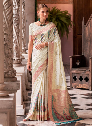 White color silk printed saree 