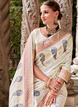 White color silk printed saree images