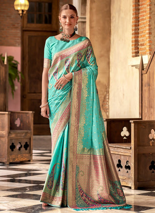 Rama color silk wedding wear saree