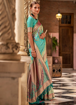 Rama Color party wear silk saree for women