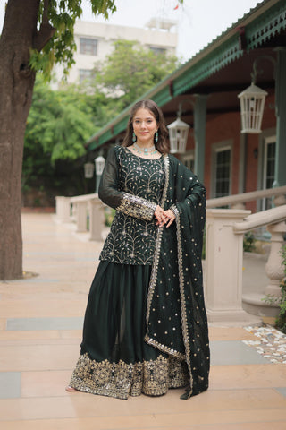 Dark green rangoli silk sharara suit for women
