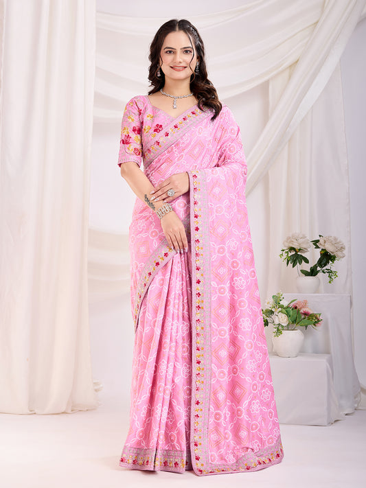Pink color vichitra silk saree for women
