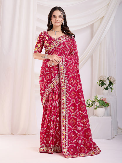 Evening Wear Red Color Vichitra Silk Designer Saree For Party